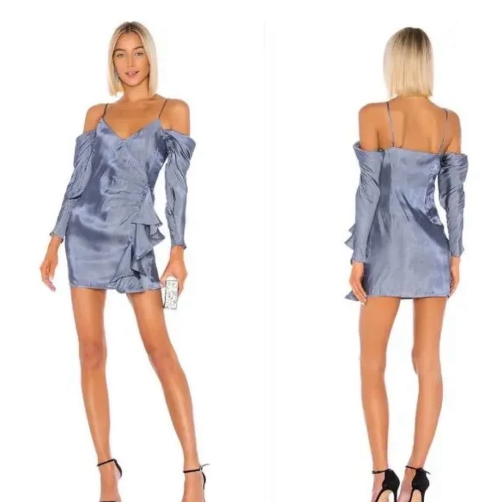 Lovers + Friends Satin Blue Off Shoulder Ruffle Mini Dress